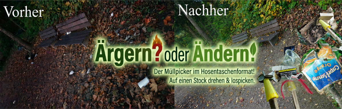 Ein Vorher nacher Bild von einem Park Ecke mit Parkbänken wie da müll weggessammelt wurde