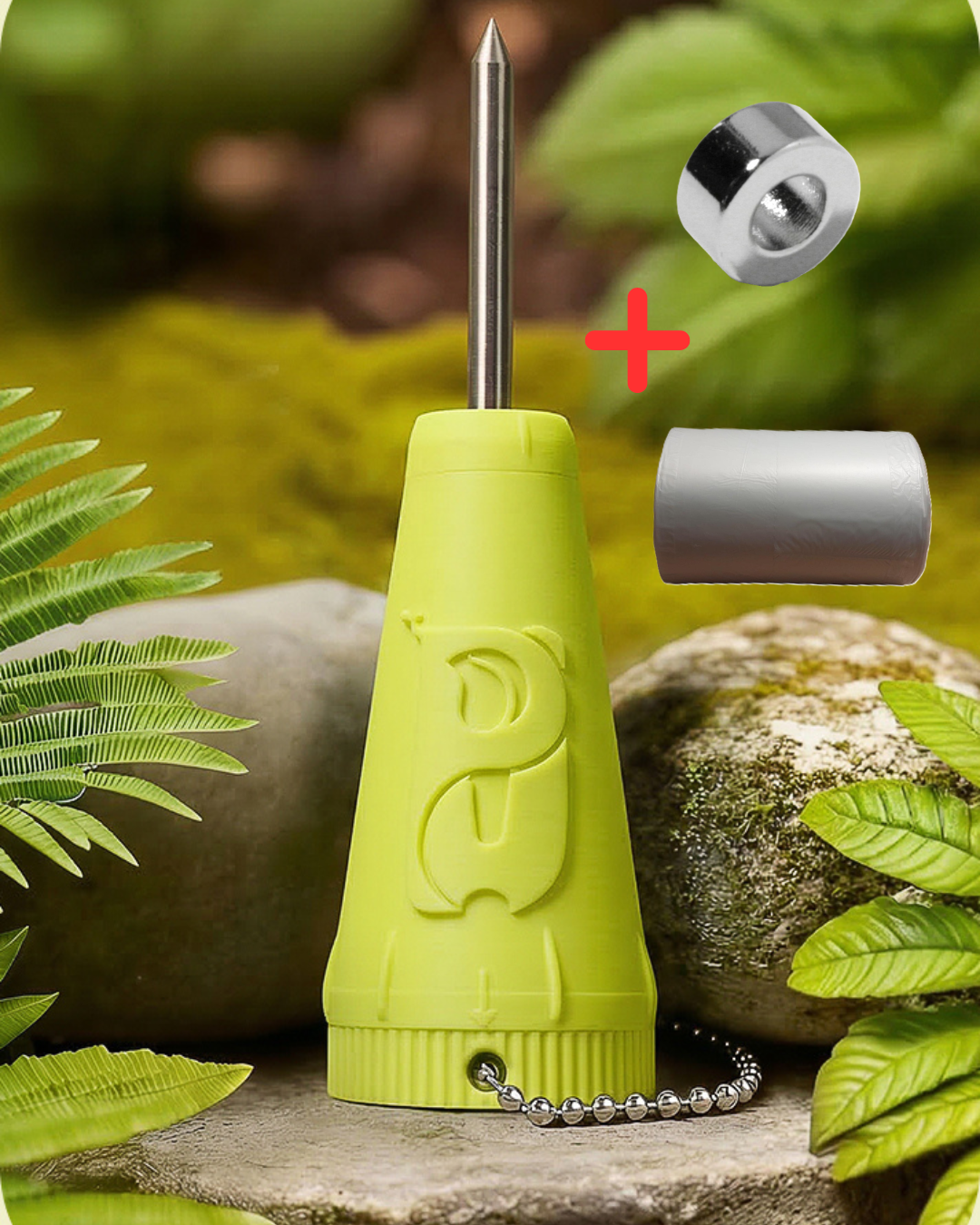 Ein Bundel mit dem Hellgrün Umweltfreund auf dem Bild neben dem Hellgrüne Umweltfreund, ist ein Magnet und eine Mülltütenroll zu sehen.