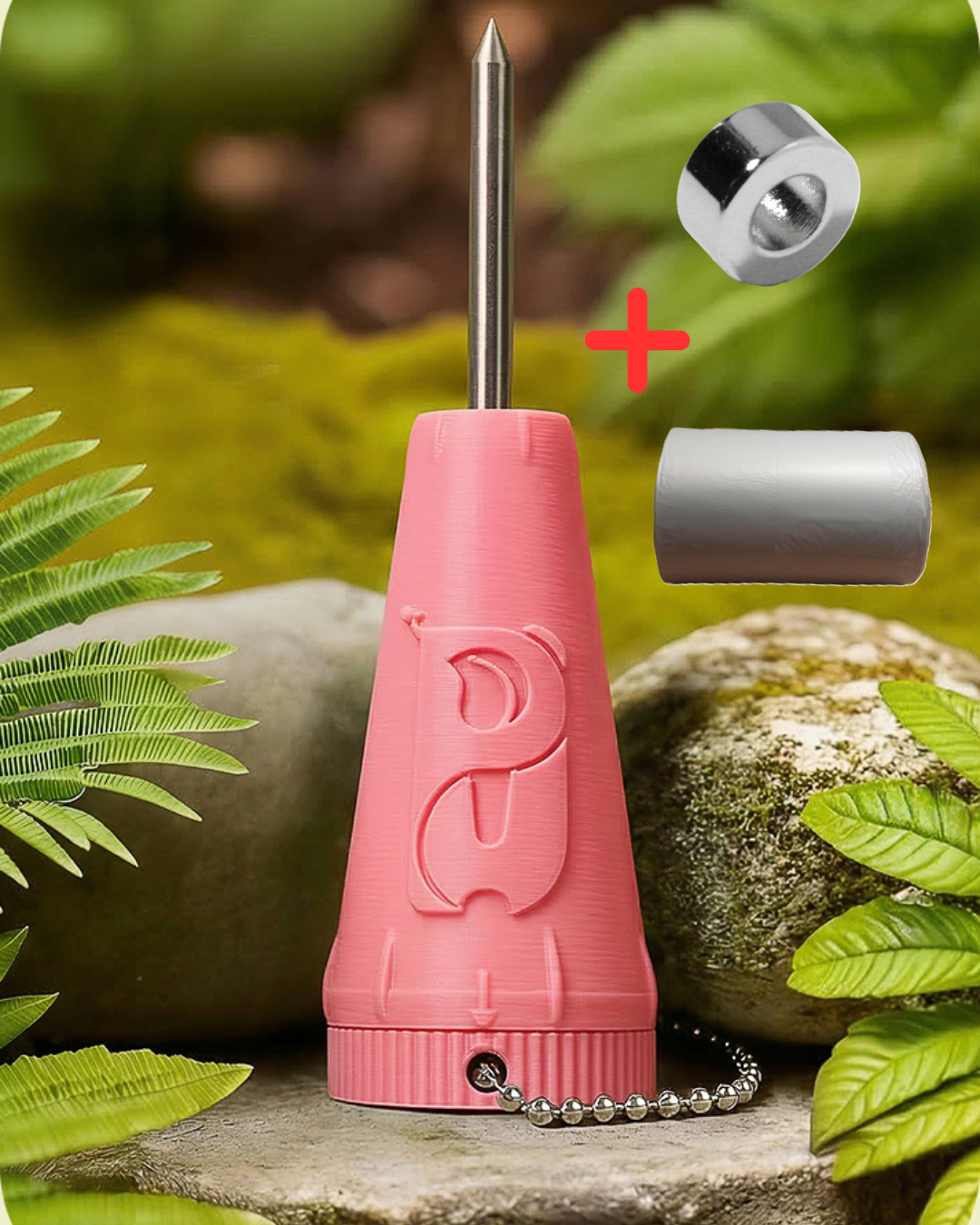 Ein Bundel mit dem Pink Umweltfreund auf dem Bild neben dem Pink Umweltfreund, ist ein Magnet und eine Mülltütenroll zu sehen.