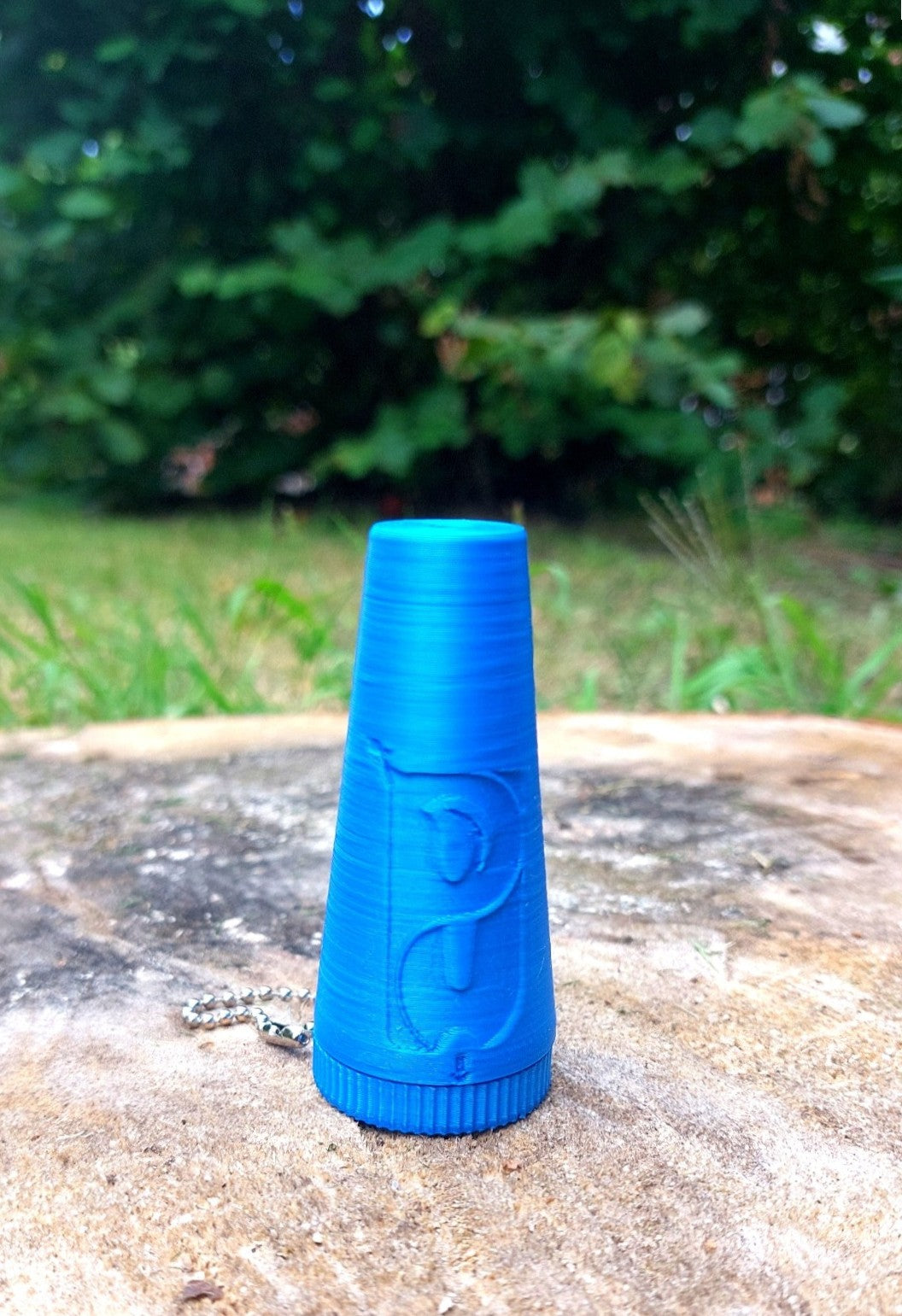 Dunkelblauer Umweltfreund auf ein Stein mit Bäumen im Hintergrund